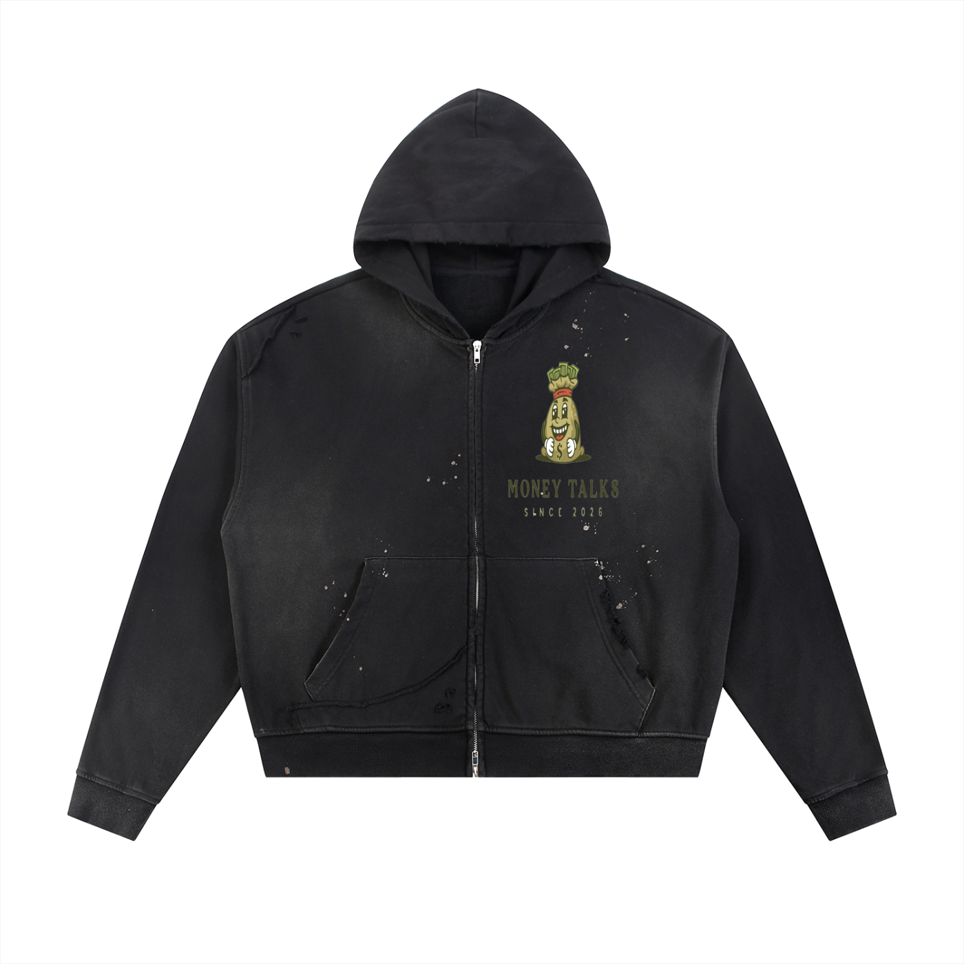 Sun Fade Frayed Raw Edge Fleece Zip Hoodie